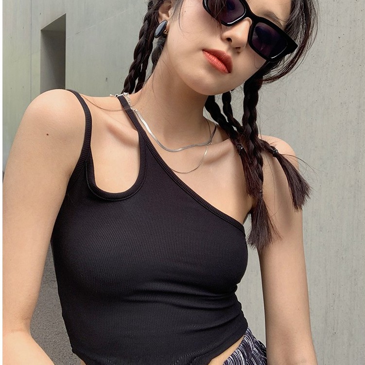 Áo croptop dệt kim sát nách thiết kế lệch vai quyến rũ thời trang Becky