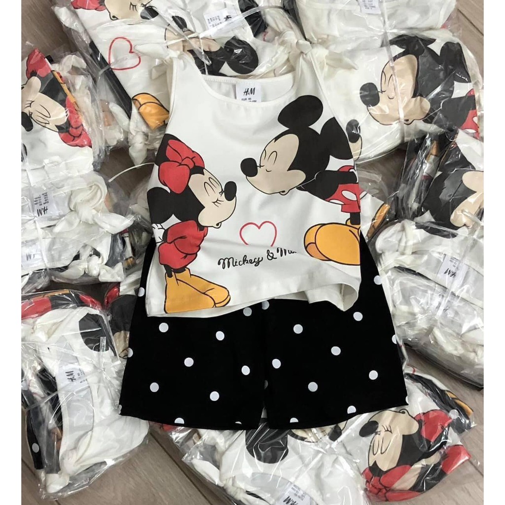 Bộ đồ bé gái sát nách buộc dây quần chấm bi đen hình mickey cho bé dễ thương JIMADO SF1982