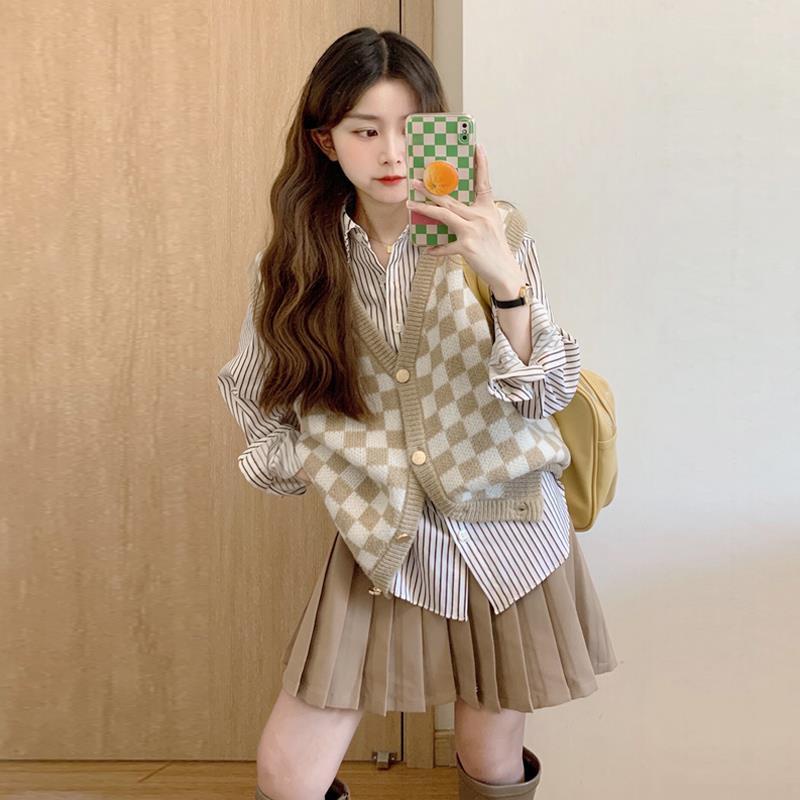 Set Áo Sơ Mi Kẻ Sọc Cổ Chữ V + Áo Len Không Tay Phong Cách Thời Trang Retro 2022