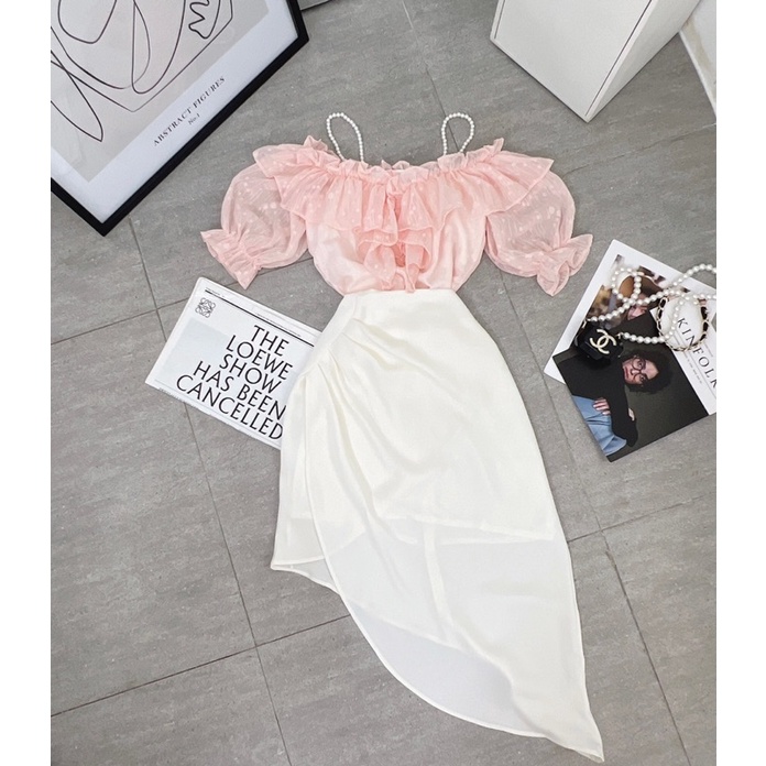 SET ÁO VOAN CAM BÈO DÂY HẠT + CHÂN VÁY XẾP XÉO LỆCH