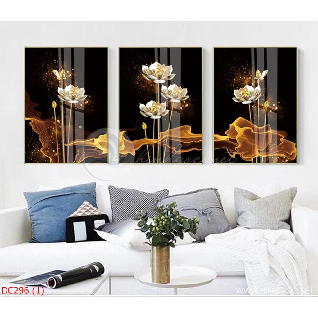 Bộ tranh treo tường HOA SEN tráng gương tông vàng đen