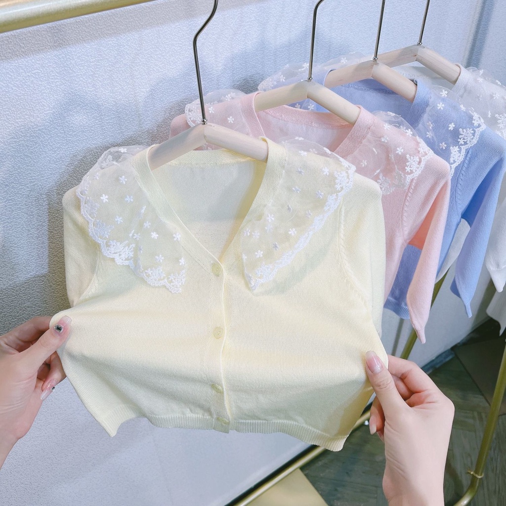 Áo Khoác Len Cardigan Mỏng Phối Ren Xinh Xắn Cho Bé Gái