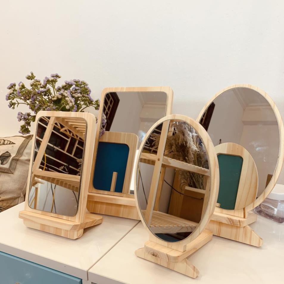 Gương soi trang đểm để bàn mini, chất liệu gỗ thông tự nhiên, gương bỉ.