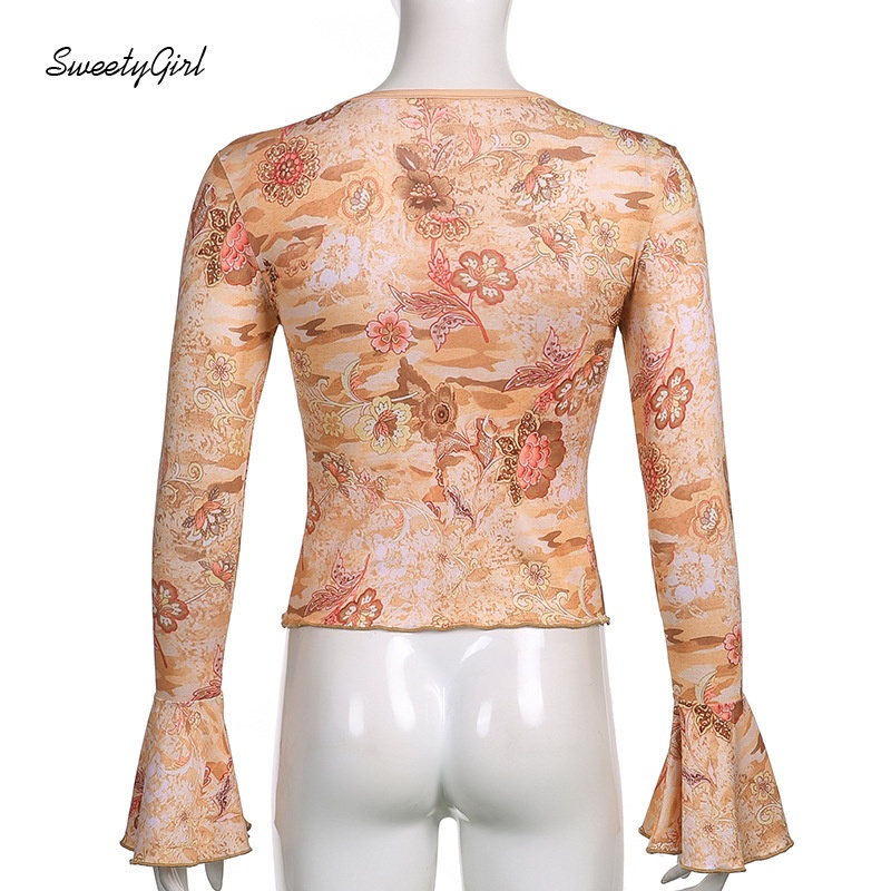 Áo Thun Tay Loe Dài Cổ Chữ V In Họa Tiết Phong Cách Cổ Điển Thời Trang Dành Cho Nữ