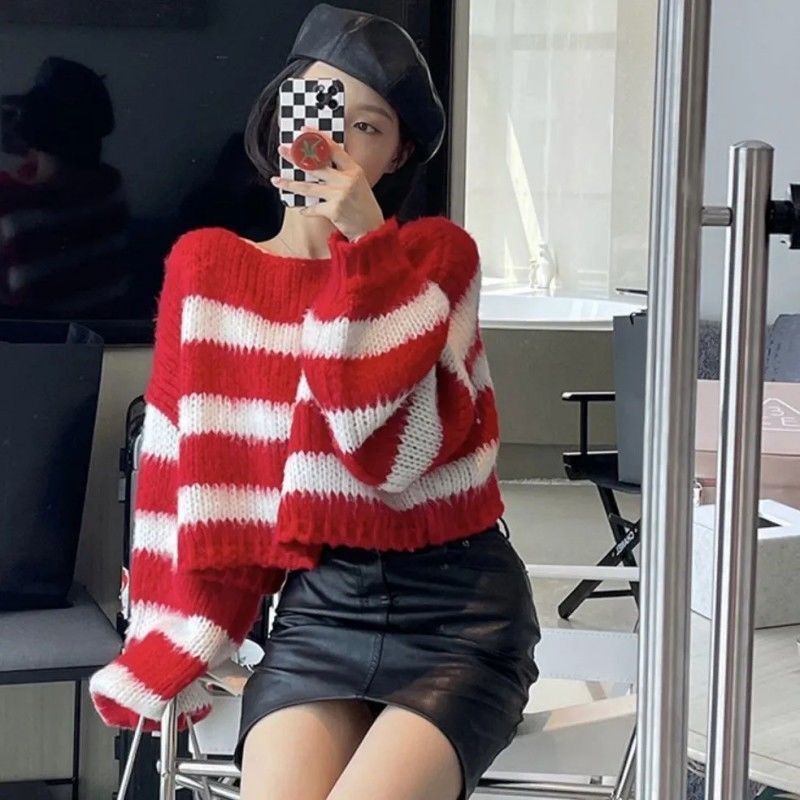 Áo Sweater Dệt Kim Tay Dài Dáng Rộng Kẻ Sọc Trắng Đen Trẻ Trung