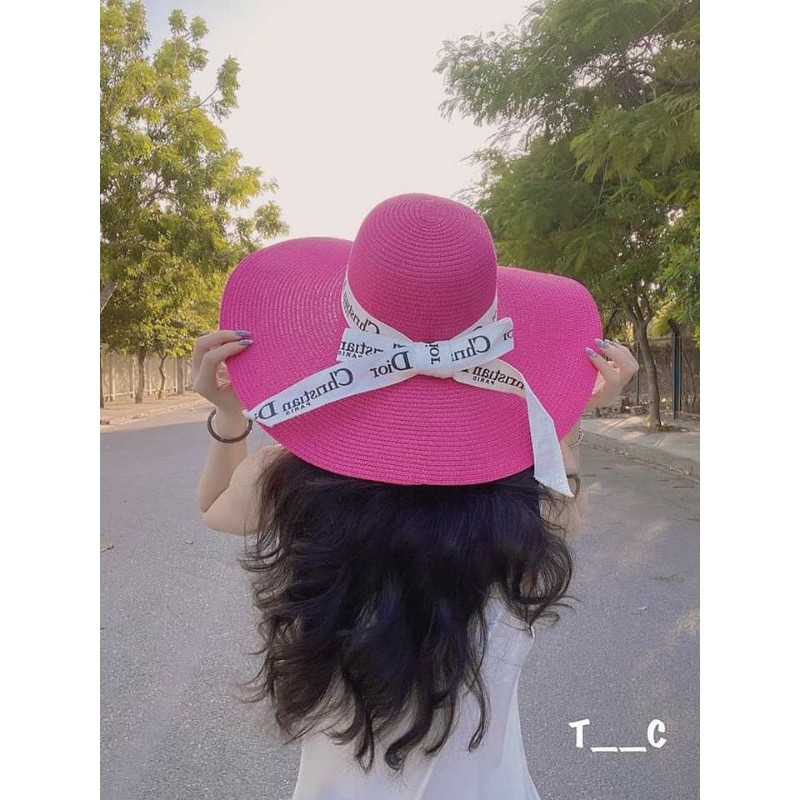 Mũ cói đi biển vành rộng dây nơ Dio trắng siêu sang