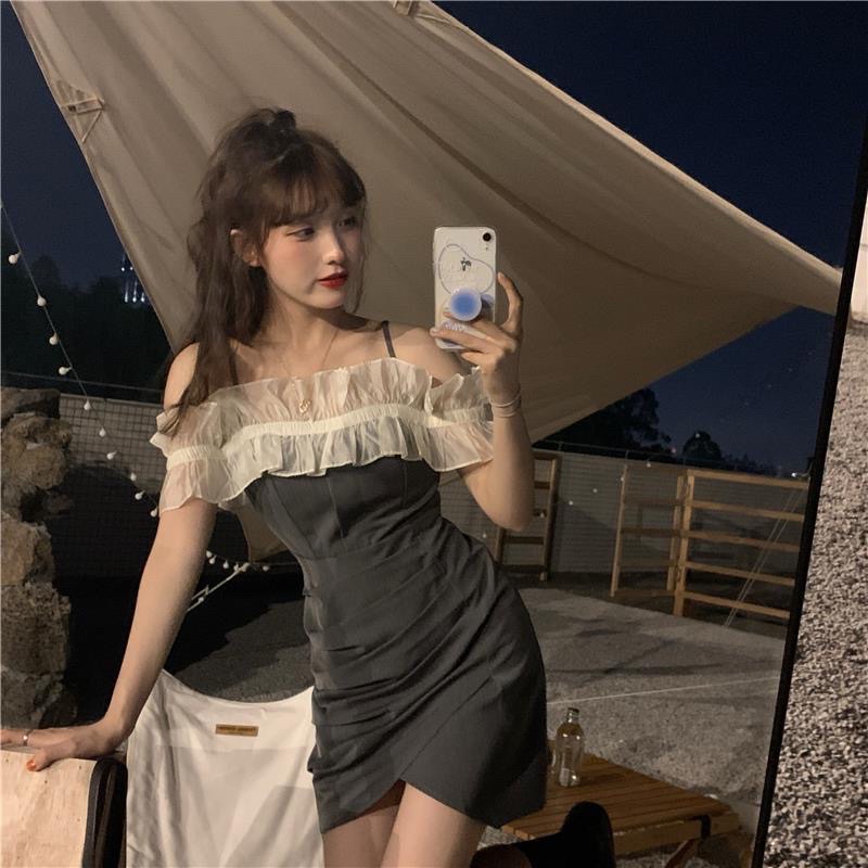 Đầm/Váy trễ vai xám phối ren phong cách hàn quốc | BigBuy360 - bigbuy360.vn