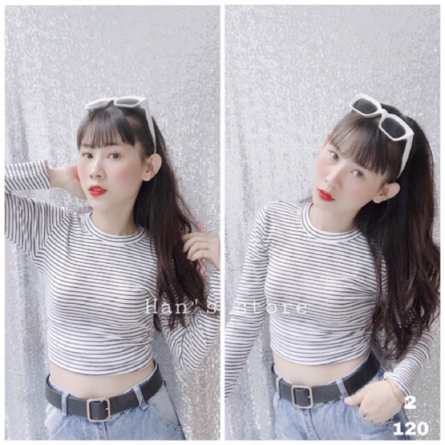 Áo len gân croptop sọc tay dài ( hình thật )