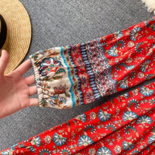 (săn đỏ) Váy đầm maxi boho thổ cẩm tay phồng dáng dài xoè tầng cổ V thắt dây eo vintage du lịch diện hè