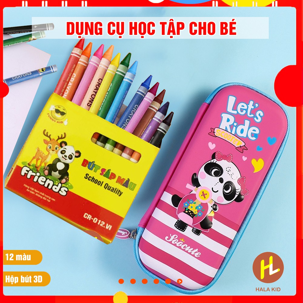 Dụng cụ học tập cho bé: 1 Hộp bút NỔI 3D và Hộp 12 bút sáp màu Crayons QATE0143