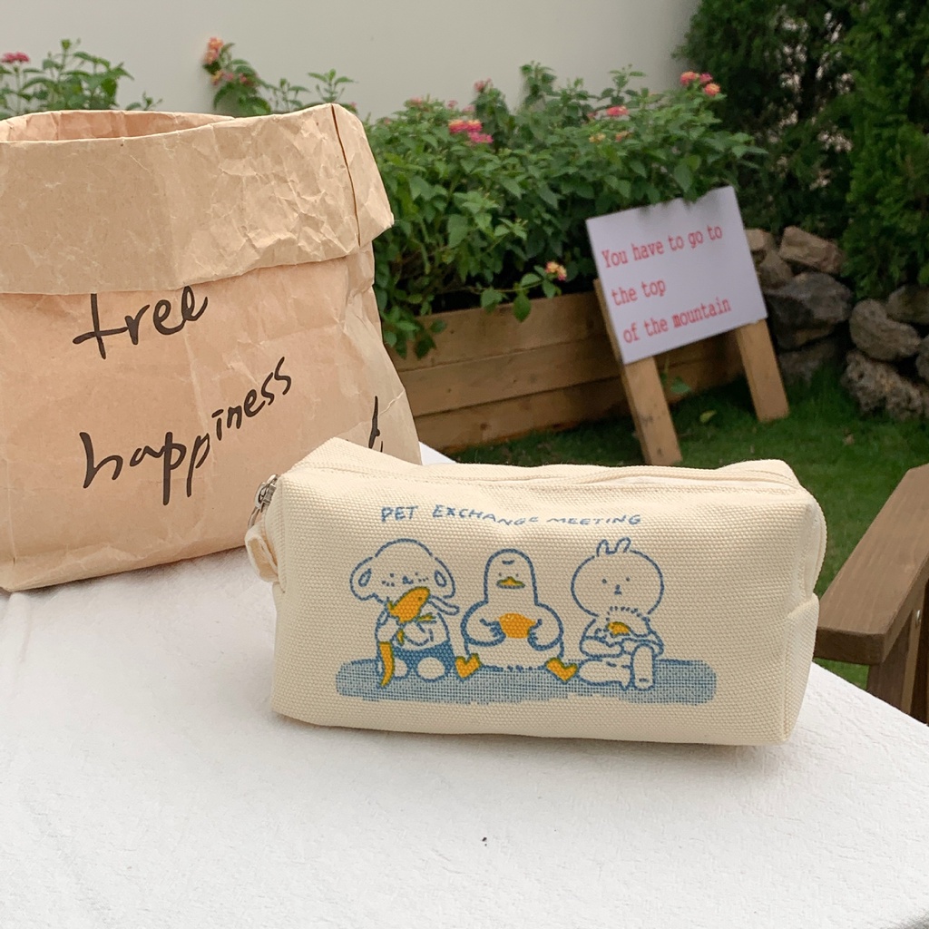 Túi Đựng Bút Bằng Vải Canvas 16a Màu Be Phong Cách ins Dành Cho Nữ Sinh