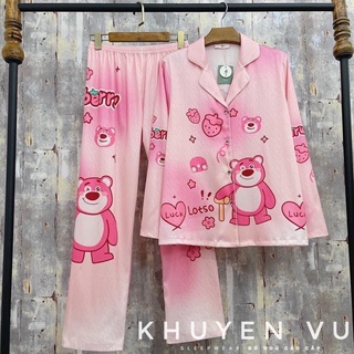 Pijama lụa xước gấu dâu hồng - đồ bộ xinh