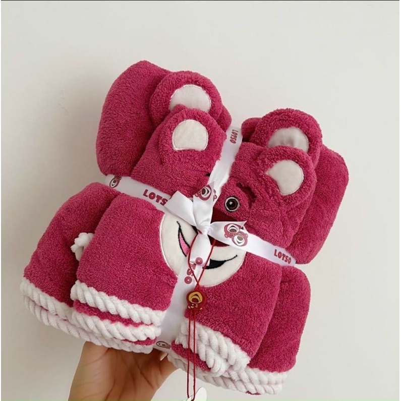 Sét khăn mặt và khăn tắm gấu dâu tây to rộng chất cotton mềm thấm nước