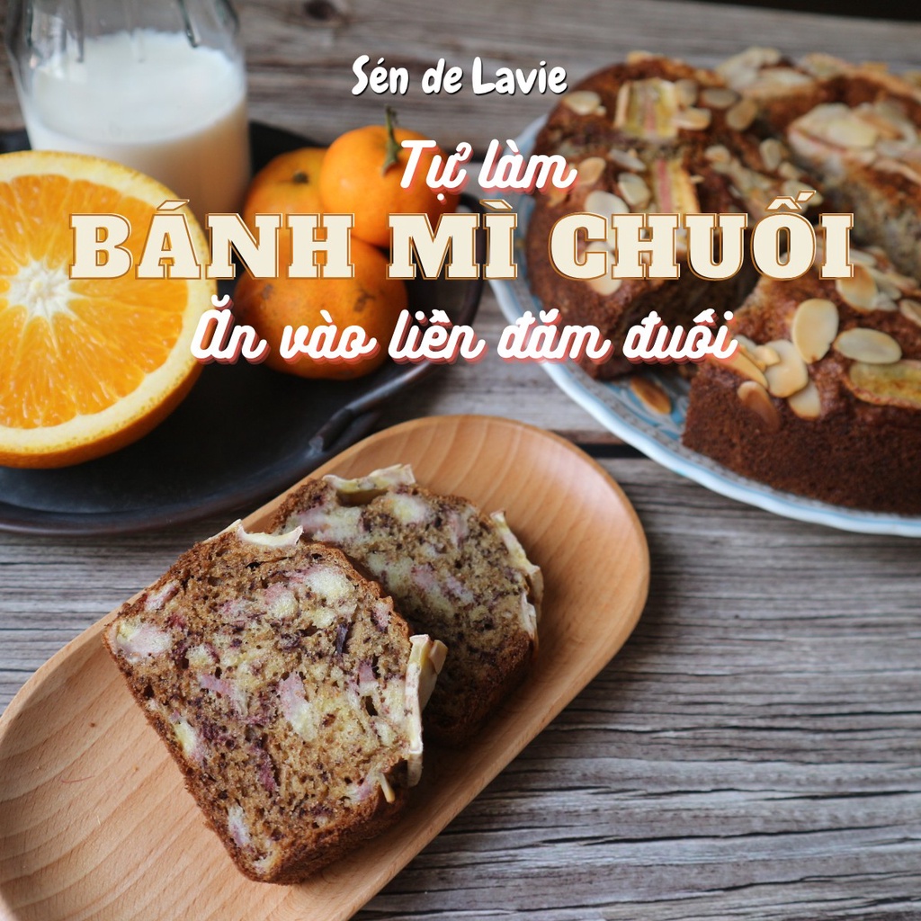 Combo Bánh Chuối Bột Nguyên Cám gồm Bột trộn sẵn, nguyên liệu và vật dụng làm bánh chuối- Banana Bread