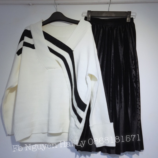 Set áo len + chân váy xếp li