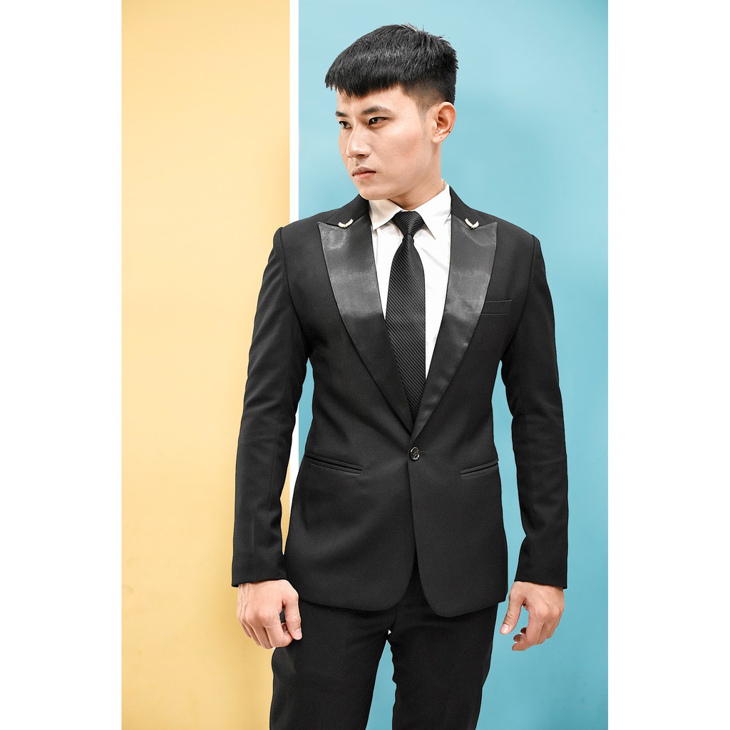Bộ vest nam màu đen phối ve phi đen kèm cà vạt nơ