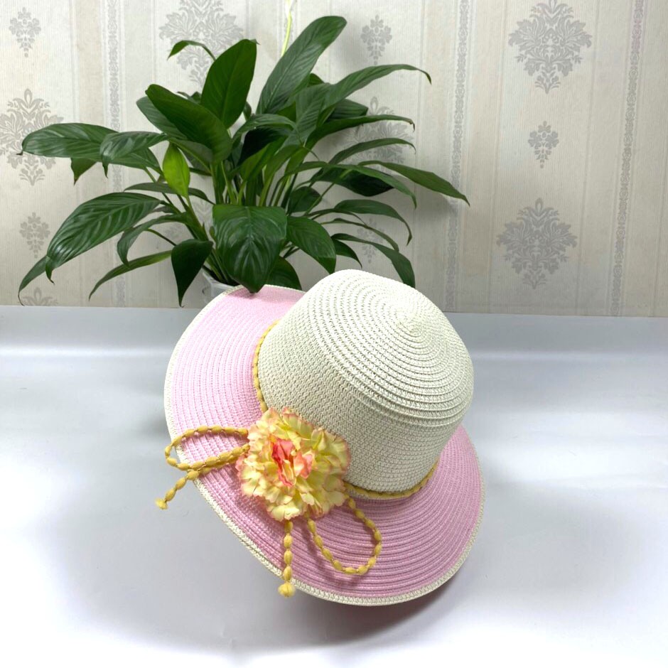 NÓN CÓI PHỐI 2 MÀU ĐAI XOẮN TRÒN GẮN HOA MÀU HỒNG TÍMThời Trang,(Ảnh Thật Shop Chụp) Cho Bé Từ 2 - 10 Tuổi