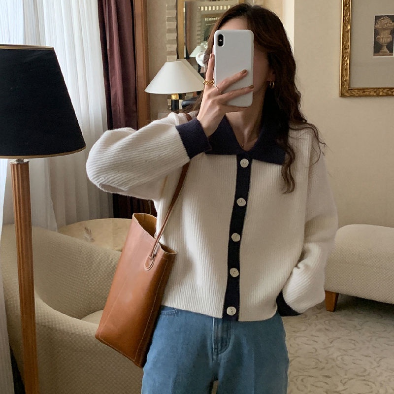 Áo Khoác Cardigan Dệt Kim Dày Dặn Màu Sắc Tương Phản  tao bao