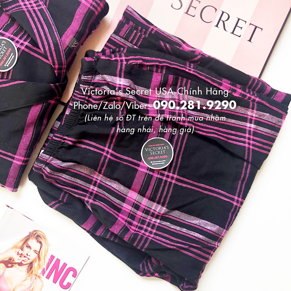 (Sleep S) - Bộ đồ ngủ dài, caro tím đen (19), viền lấp lánh, Shimmer Flannel Long, Black Hot Pink - Victoria's Secret