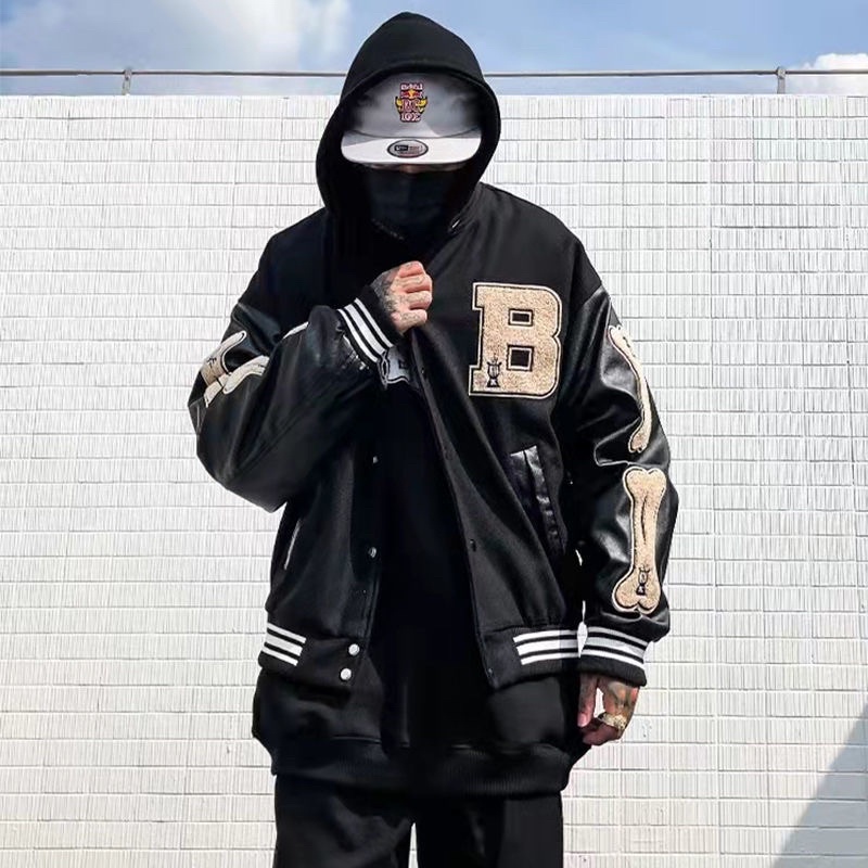 Áo khoác bomber varsity jacket nam nữ thêu chữ B tay da hình cục xương mới