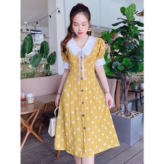 Váy vàng họa tiết hoa bồ công anh cổ bẻ kèm nơ sang trọng