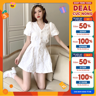 Váy babydoll phối cúc ngọc MingMing váy nữ tay bồng hở lưng