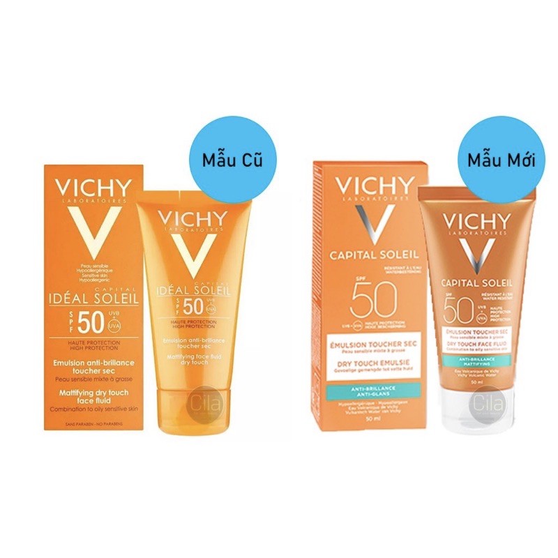 [ HÀNG CÓ SẴN] Kem chống nắng không màu không gây nhờn rít Vichy Ideal Soleil Mattifying Face Fluid Dry Touch 50ml