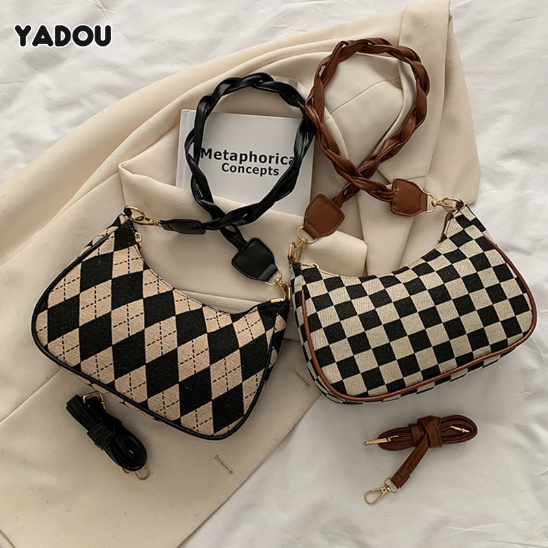 Túi đeo dưới cánh tay YADOU họa tiết sọc caro phong cách vintage thời trang cho nữ