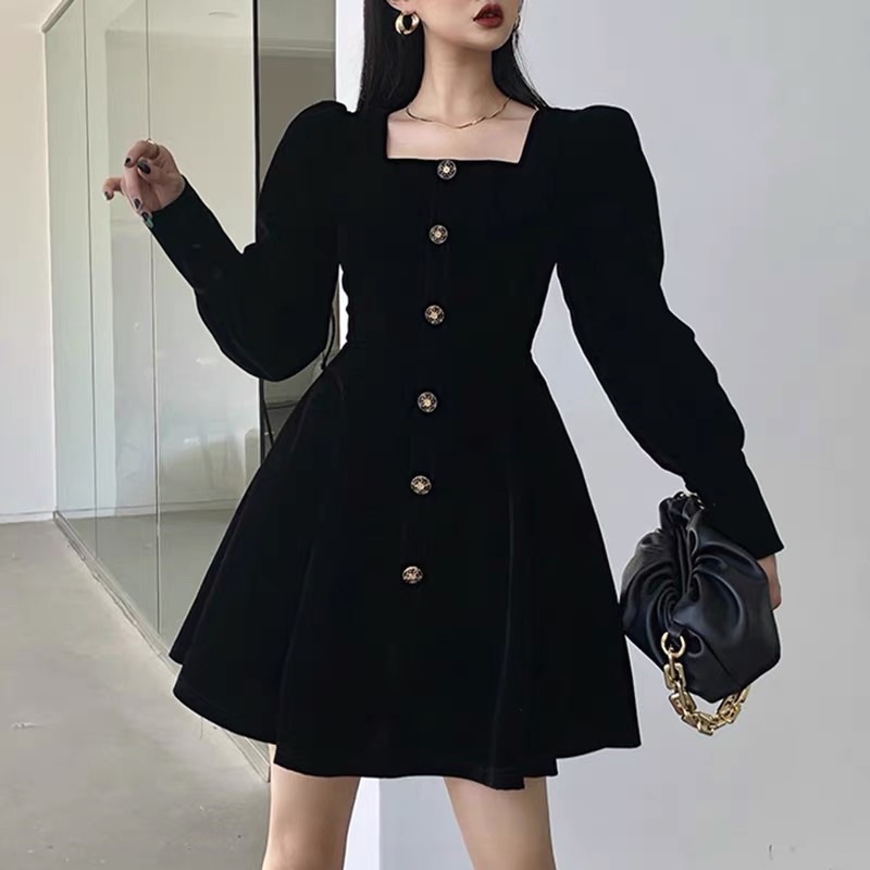 Đầm xòe dự tiệc cổ vuông tay dài phong cách Pháp cổ điển sang trọng trẻ trung -Thời Trang VADA (Đ58)