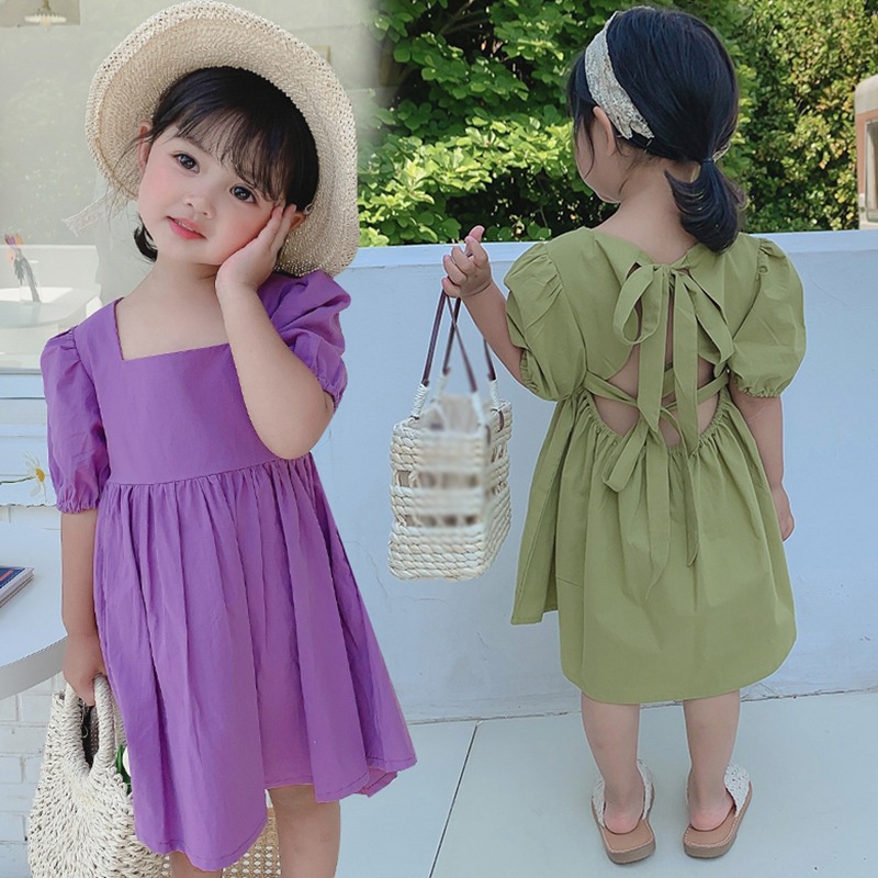 Đầm Công Chúa Tay Phồng Hở Lưng Ngọt Ngào Mùa Hè Hàn Quốc Cho Bé Gái