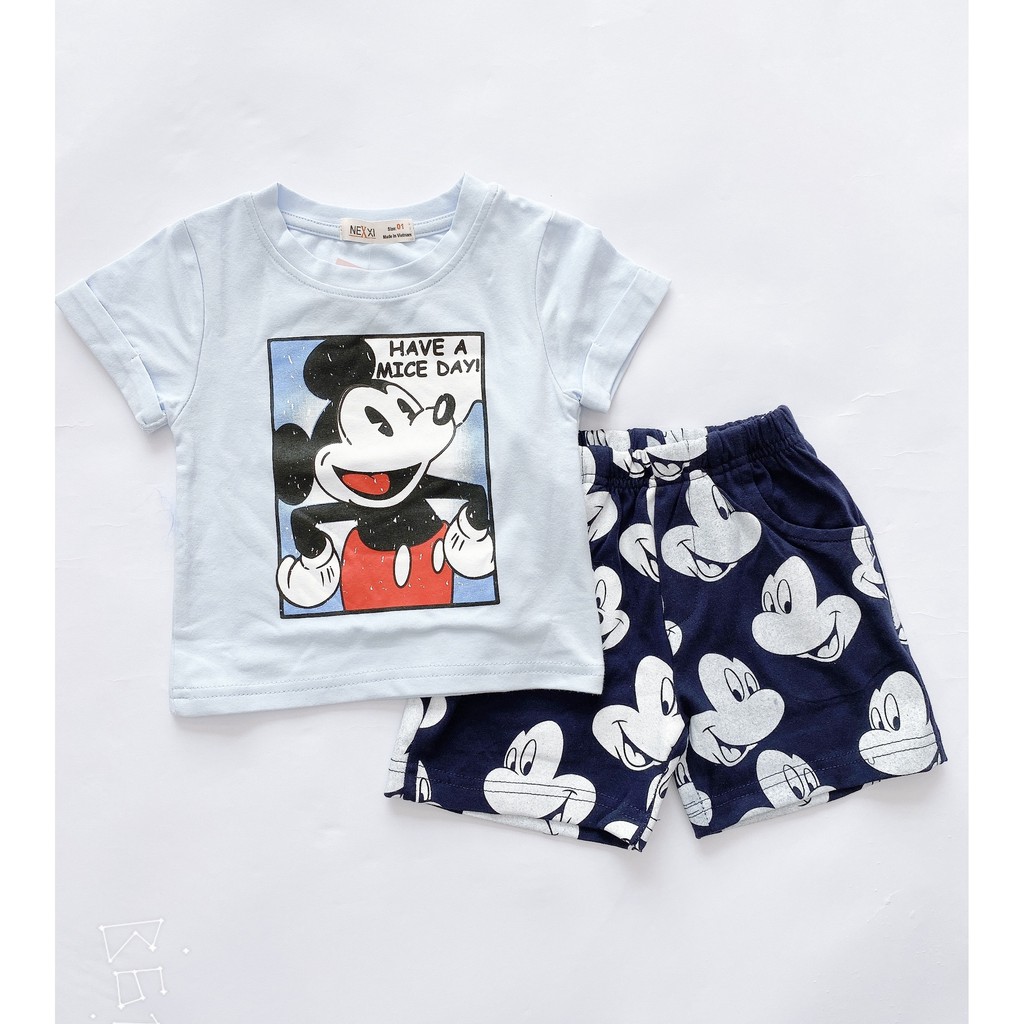 Bộ cộc tay bé trai cotton 4C in hình Mickey cõ dãn mềm mại RIO hàng có sẵn kèm video