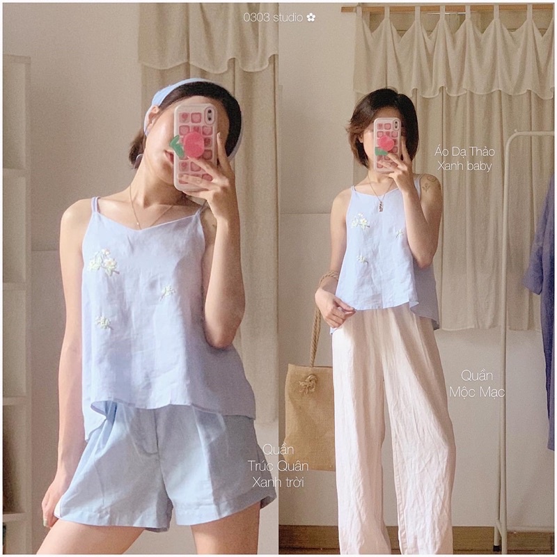 Dạ Thảo 7 màu thêu hoa bưởi - áo 2 dây linen tưng - 0303 studio