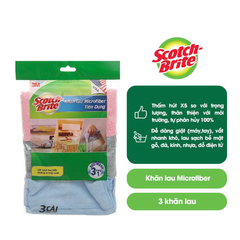 Combo 3 Khăn lau đa năng Scotch Brite 3M 30x30cm không gây trầy xước, thấm hút nước gấp 5 lần, không để lại bụi