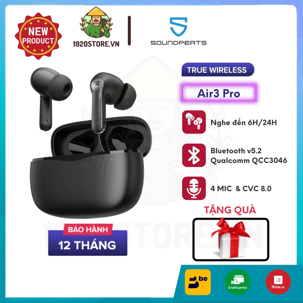 Tai Nghe Bluetooth True Wireless SoundPEATS Air3 Pro Hyrid ANC QCC3046 BT 5.2, Pin 24H - Chính Hãng BH 12T