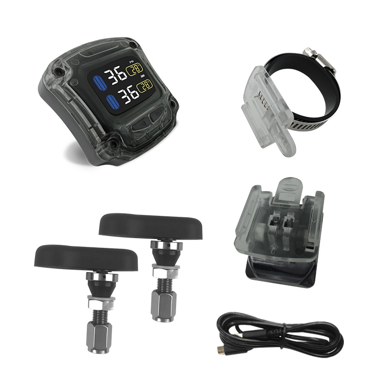 Hệ thống giám sát áp suất lốp xe máy không dây TPMS sạc USB 2 cảm biến trong/ngoài có màn hình LED