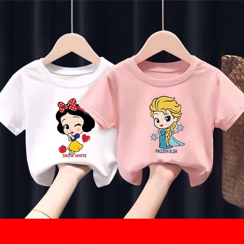 Cô gái Phim hoạt hình Bạch Tuyết Áo thun ngắn tay Trẻ em Elsa Quần áo đông lạnh