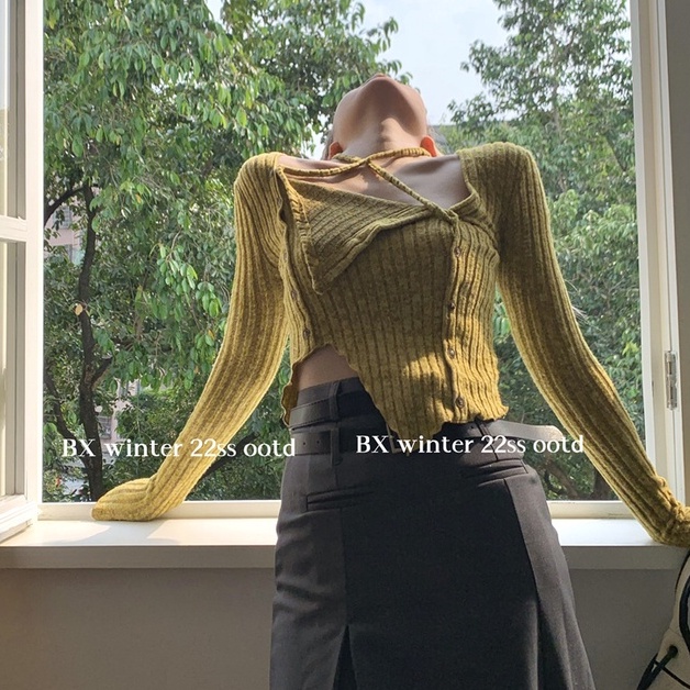 QKOOLE  Korean women's clothing Fashion solid color croptop knit long sleeve top