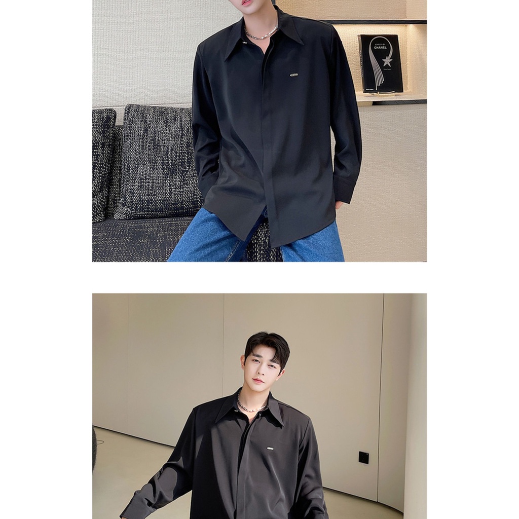 Áo Sơ Mi Lụa Lạnh Tay Dài Cổ Nhọn Hai Lớp Cao Cấp Màu Trơn Phong Cách Hàn Quốc Thời Trang Mùa Hè Dành Cho Nam