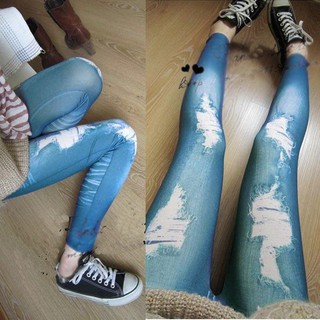 Quần legging nữ co giãn thiết kế giả jean rách độc đáo cá tính