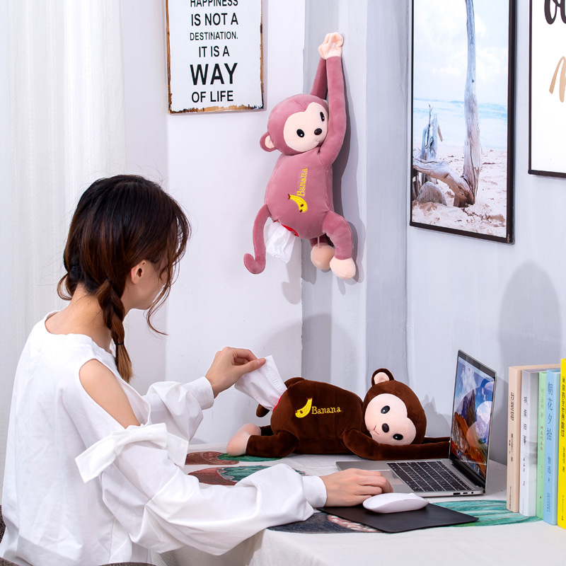Hộp Đựng Khăn Giấy Rút Hình Khỉ Nhồi Bông Treo Trang Trí Nội Thất Xe Hơi