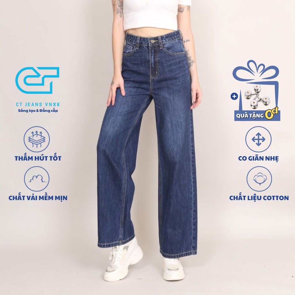 Quần Jean Nữ Ống Rộng Lưng Cao Cotton Trơn Gấu Thường  CT Jeans