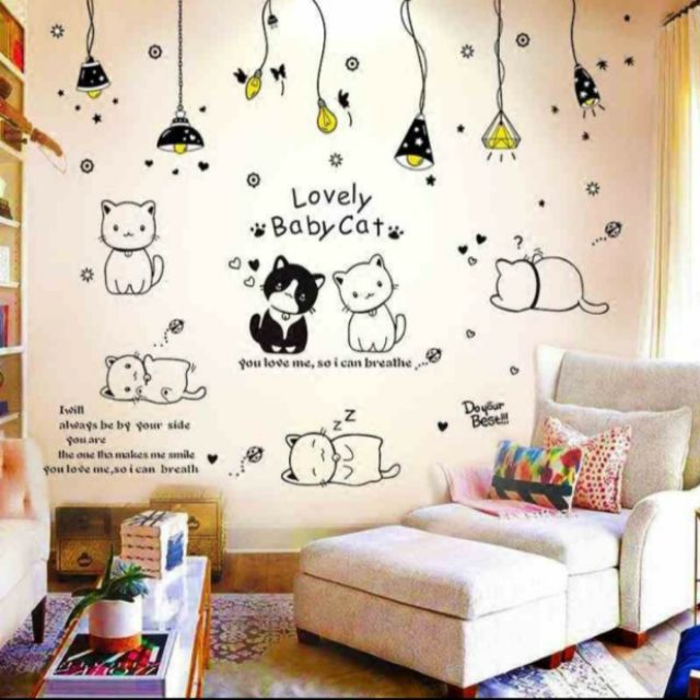 Decal dán tường mẫu mèo đèn thả
