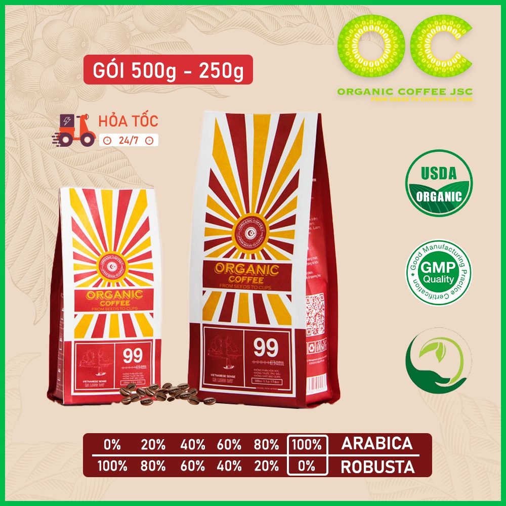 Cà phê Arabica hữu cơ rang xay nguyên chất 100% Hạ Long 99, Cafe rang mộc pha phin/máy gói 250g/500g Organic Coffee JSC