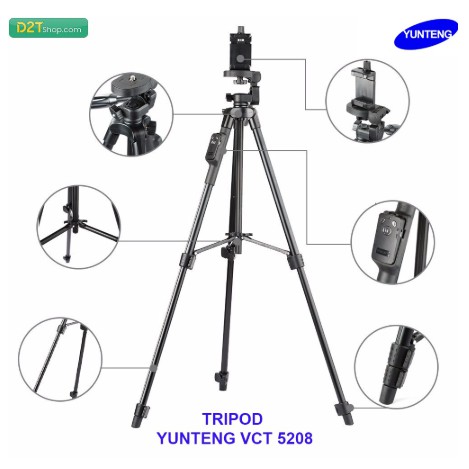 Tripod Chụp Ảnh Cao Cấp YUNTENG 5208 Dành Cho Máy Ảnh DSLR, Điện Thoại, Action Camera