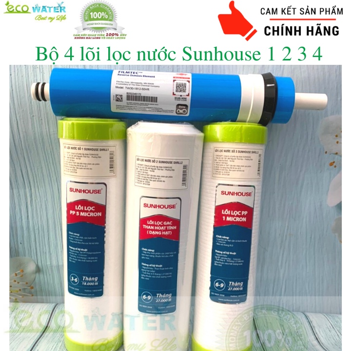 Bộ 4 lõi lọc nước sunhouse 1 2 3 4 chính hãng - Tậng kèm tay vặn cốc