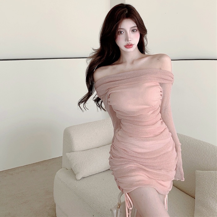 (Rapid) Đầm Lưới Cổ Yếm Ôm Dáng Phối Dây Rút Trước Ngực Phong Cách Hộp Đêm Quyến Rũ Thích Hợp Đi Hộp Đêm