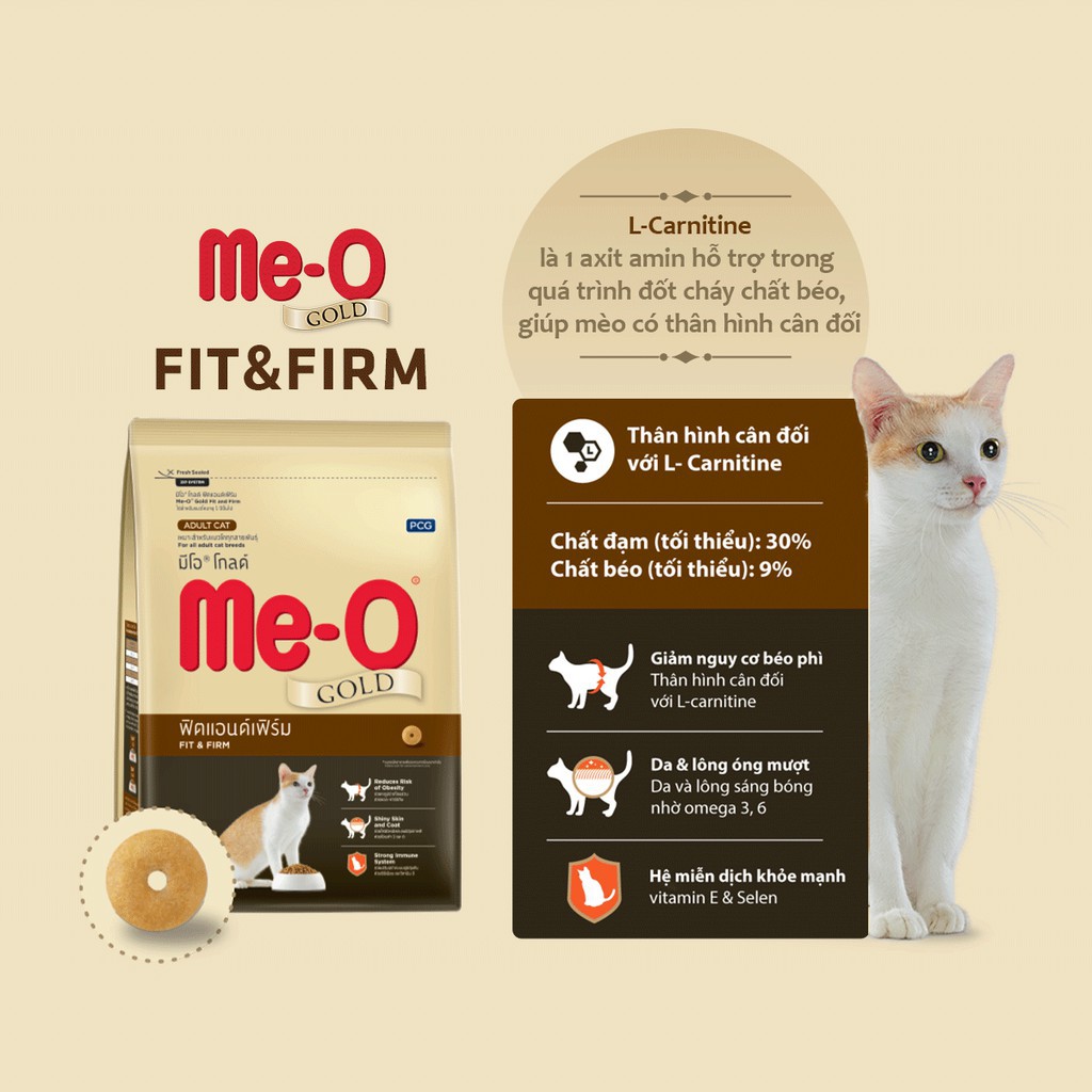 THỨC ĂN CHO MÈO Dạng hạt Me-o Gold Adult Cat FIT and FIRM Gói 400g Giúp giảm béo phì Da lông óng mượt Xuất xứ Thái lan