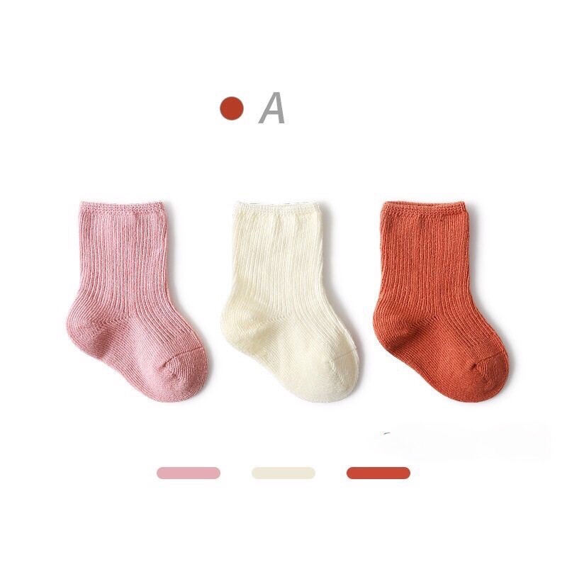 Set 3 Đôi Tất Vớ Trơn Trẻ Em, Tất Giữ Ấm Chân Cho Bé Kiểu Dáng Hàn Quốc