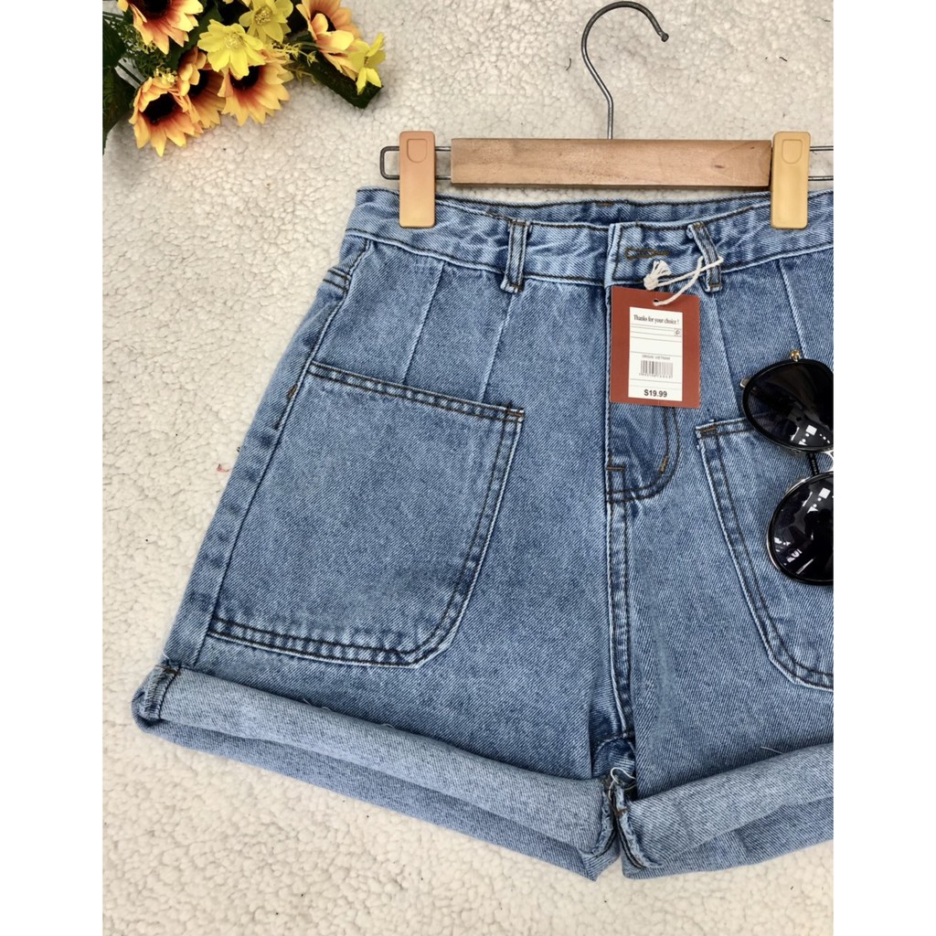 Quần short jeans nữ túi vuông, short jeans cạp cao 2 màu  siêu xinh hàng cao cấp Hachidesigns