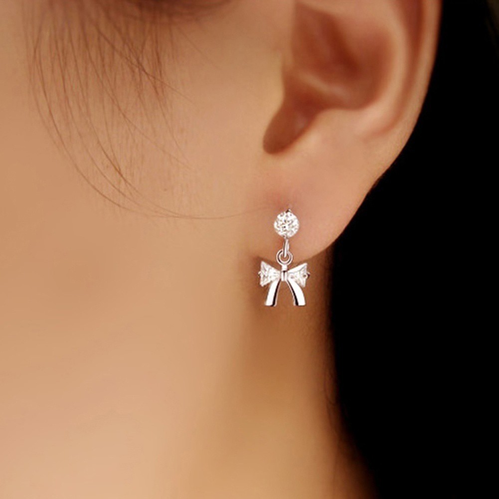 Bông Tai Mạ Bạc 925 Hình Nơ Đính Đá Xinh Xắn